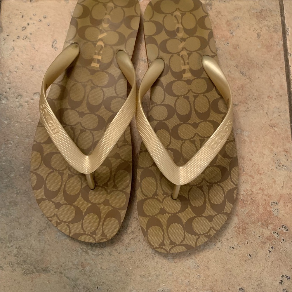 Coach Brown Monogram Flip Flops with Gold Straps